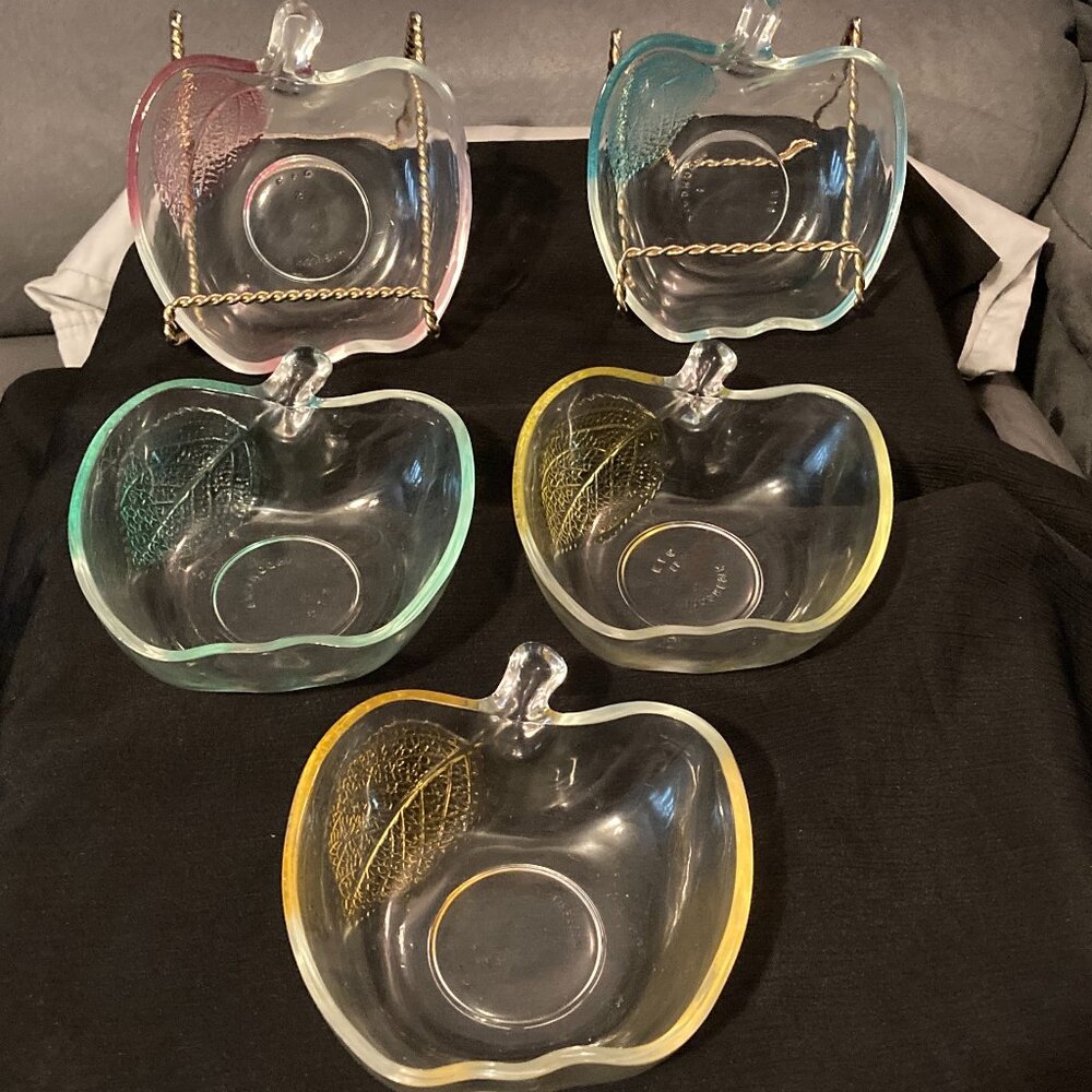 VTG 1960's KIG Set Of 5 Apple Shaped Bowls/Dishes-Multicolored Leaves-4.5" D-EUC